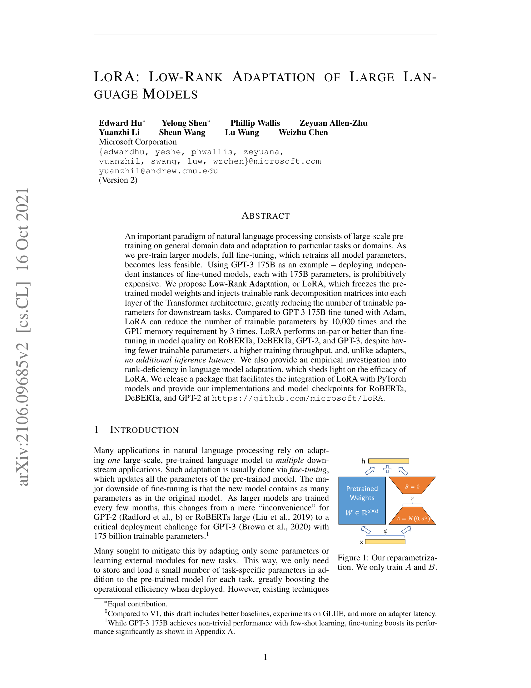 LoRA reparameterization: the pretrained weight matrix W is frozen while two small matrices A and B are trained in parallel, with B initialized to zero and A initialized from a Gaussian