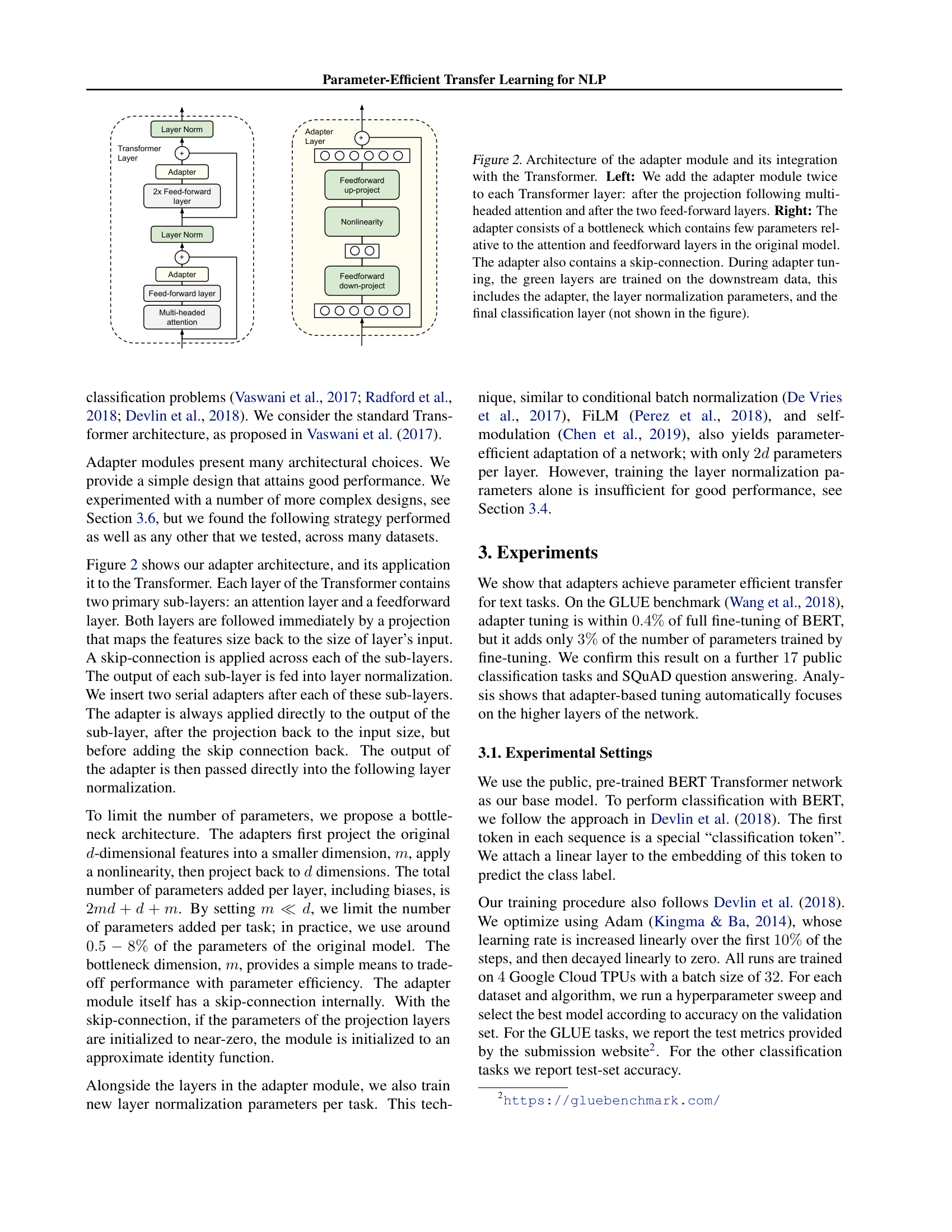 Adapter module architecture and its integration with the Transformer layer
