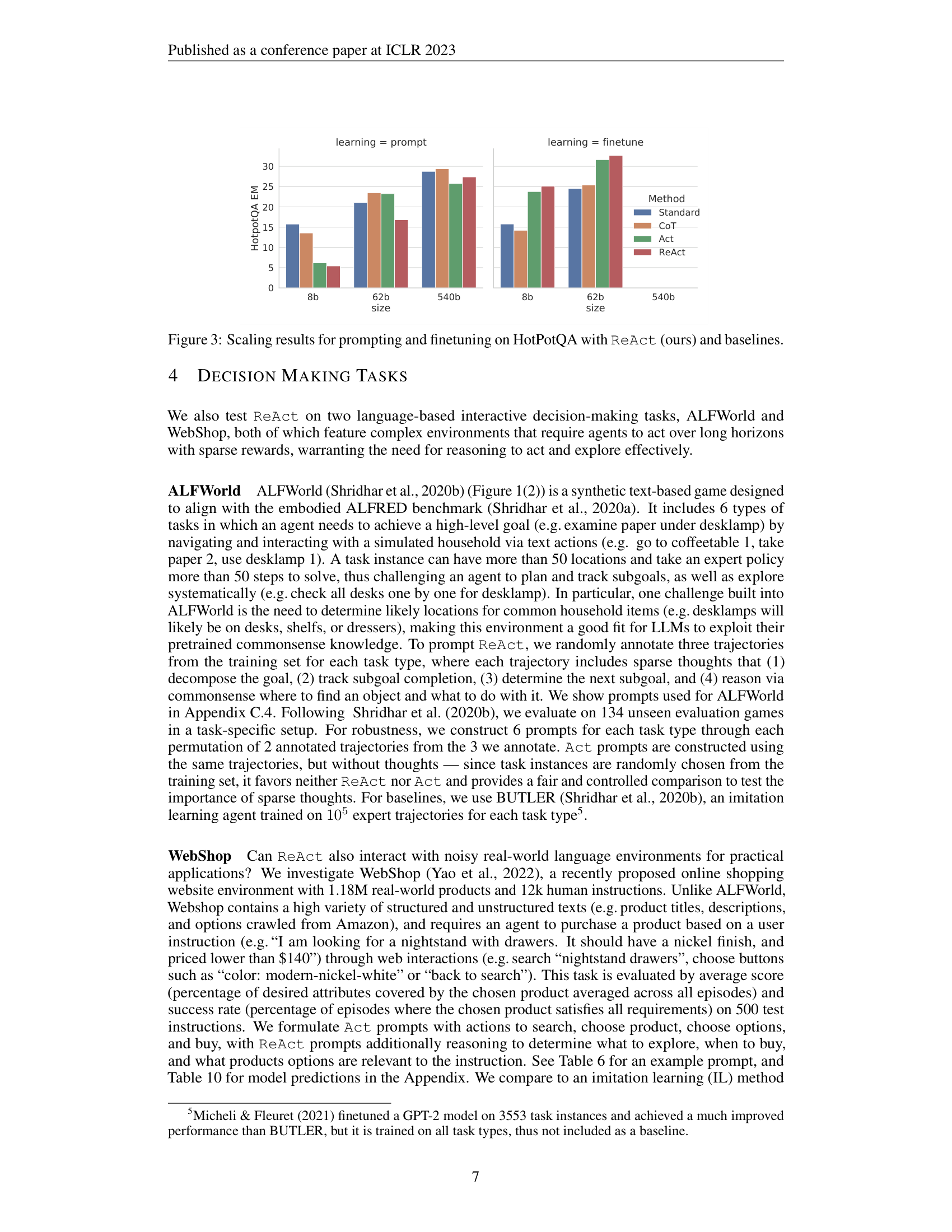 Scaling results for prompting and fine-tuning on HotpotQA with ReAct. Bar charts show performance at PaLM-8B, PaLM-62B, and PaLM-540B scales for both prompting and fine-tuning conditions across Standard, CoT, Act, and ReAct methods.