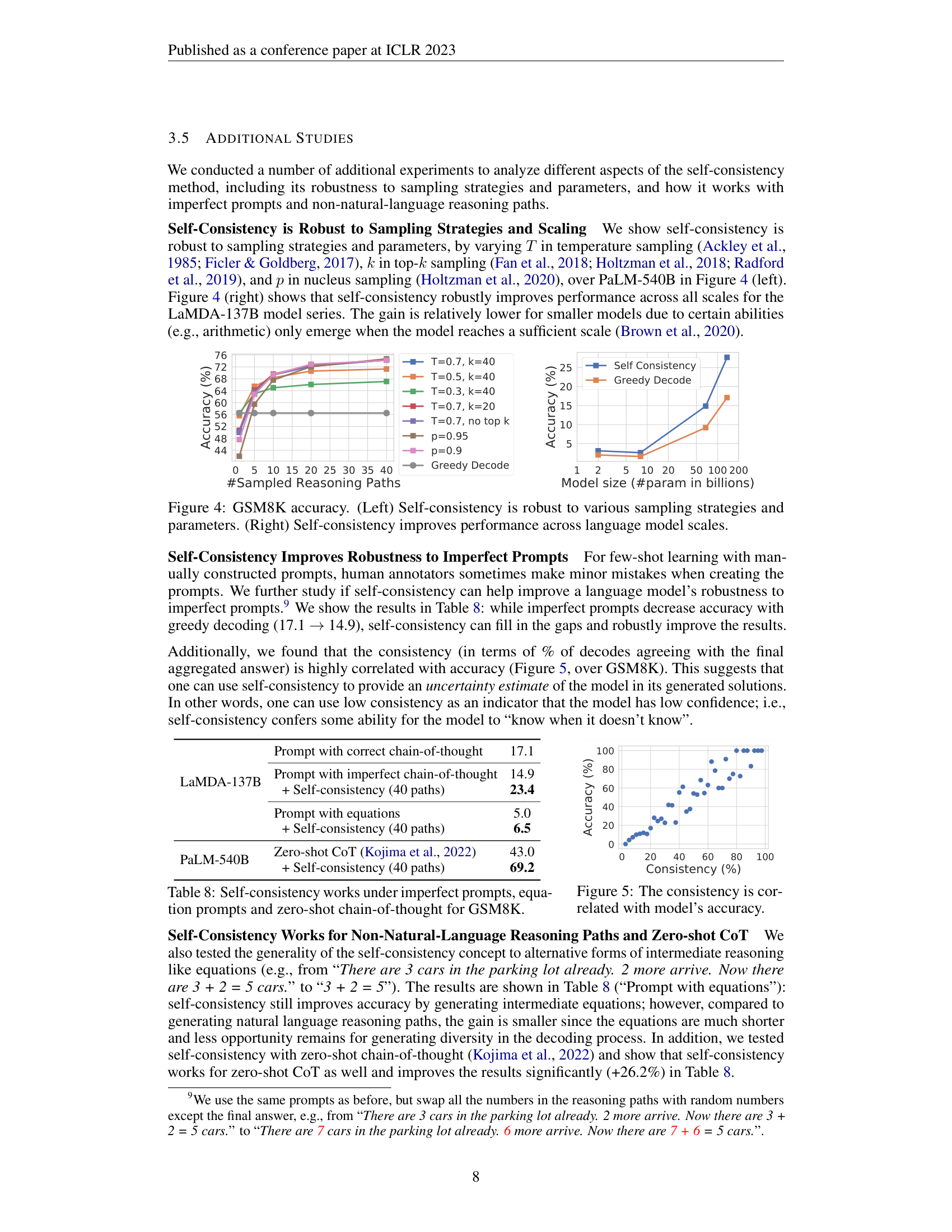 Self-consistency accuracy improves with more sampled reasoning paths but shows diminishing returns, and the method is robust across different sampling strategies and model scales