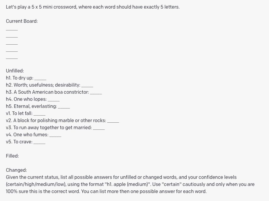 Crosswords propose prompt showing the LM being asked to fill a 5x5 mini crossword with confidence-rated word candidates