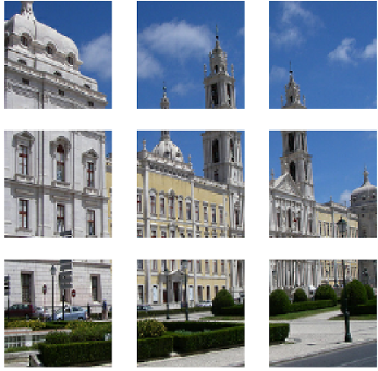 An image of a building divided into a grid of patches, and the same patches shown as a linear sequence